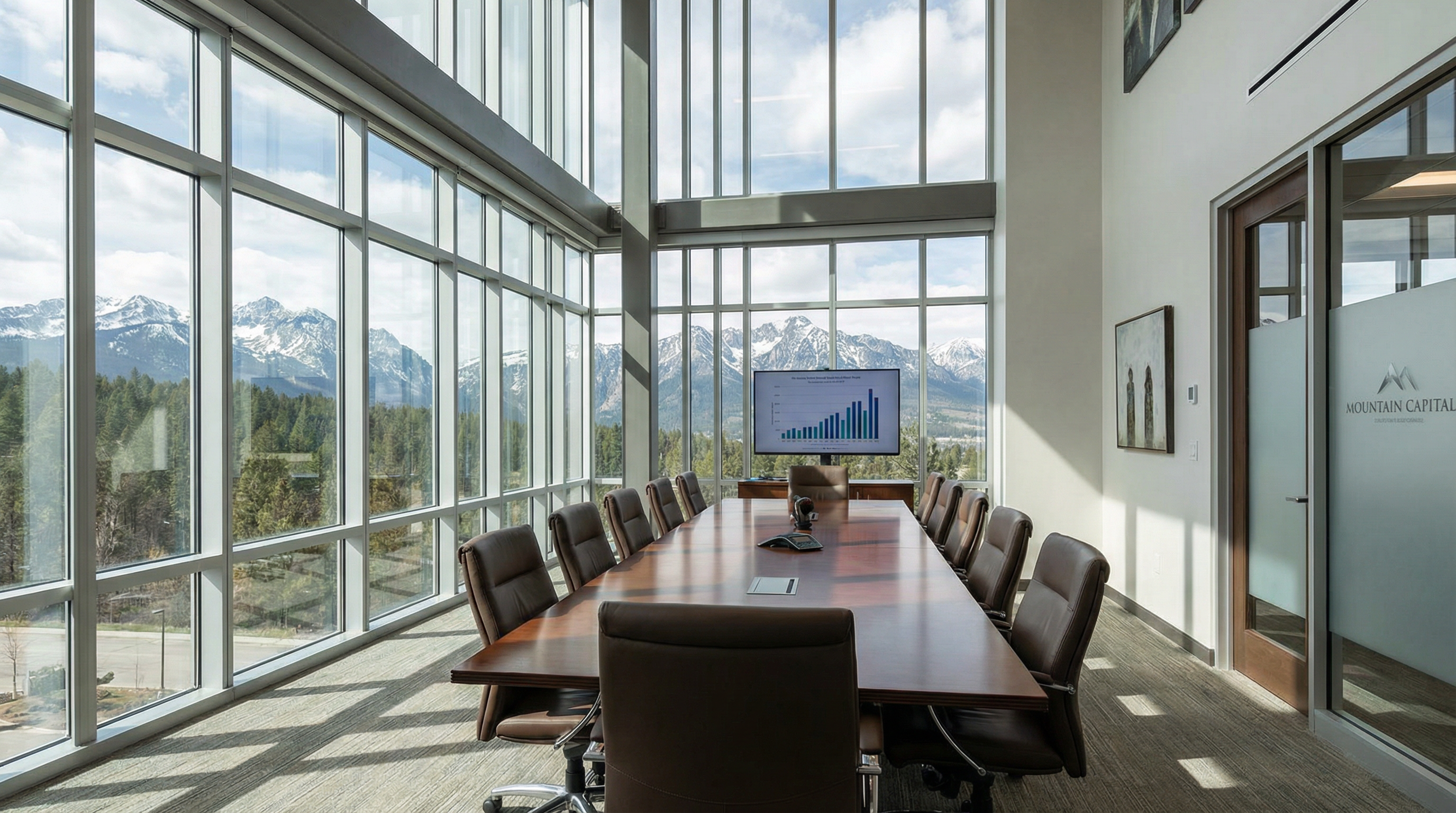 Executive boardroom with mountain views
